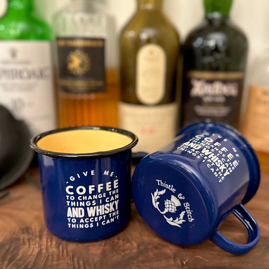 Thistle & Stitch navy blue enamel mug with white quote Give Me Coffee to Change the Things I Can on Tampa Home & Garden Store