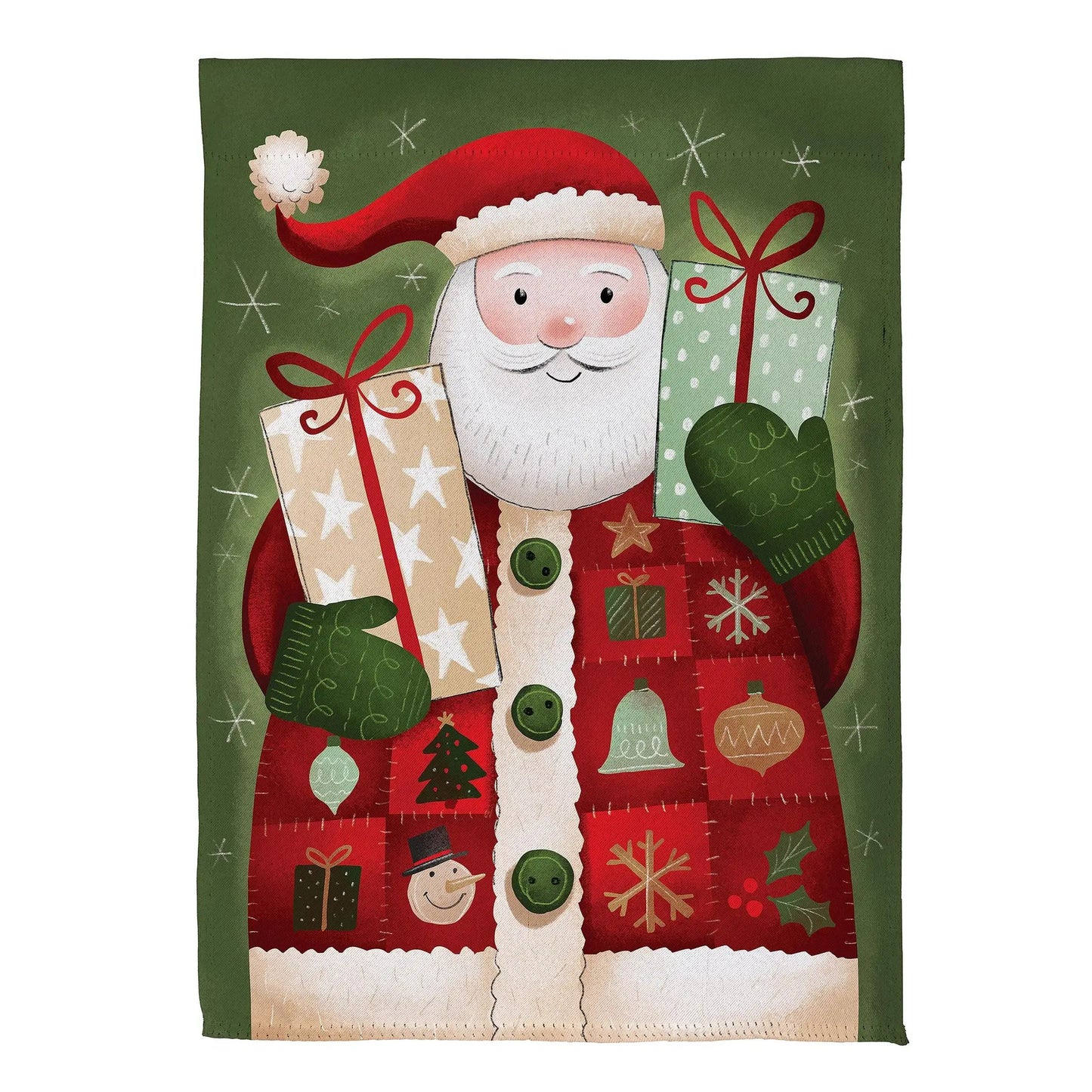 Santa Suede House Flag with Presents; green background, gift boxes, Evergreen Enterprises on Tampa Home & Garden Store