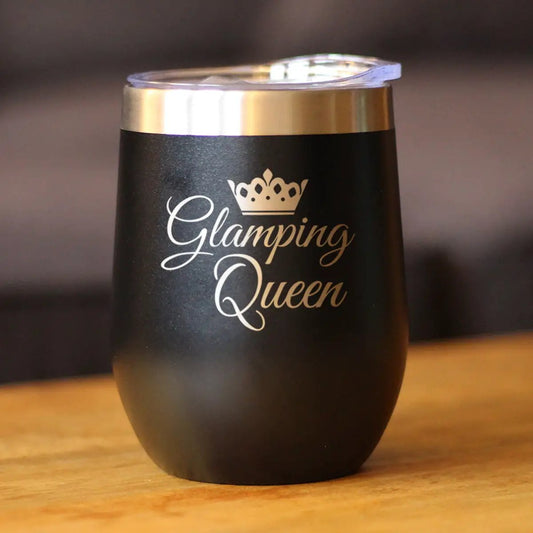 Wine tumbler Glamping Queen with sliding lid, black matte finish, silver rim on Tampa Home & Garden Store