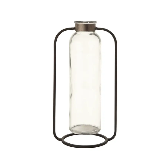 Mid Century Glass Bud Vase on Metal Stand, clear glass bottle in dark iron frame on Tampa Home & Garden Store