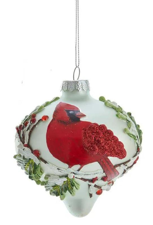 Frosted glass onion ornament with red cardinal and green foliage by Country Christmas Loft on Tampa Home & Garden Store