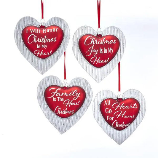 Glitter Glass Heart Ornament set with four red inner hearts and white scripted sayings, red ribbons on Tampa Home & Garden Store