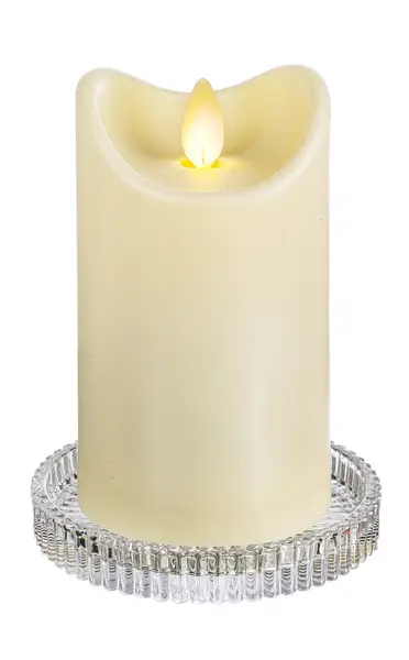 Glass plate pillar candle holder with a cream ivory candle on a beaded clear glass plate on Tampa Home & Garden Store
