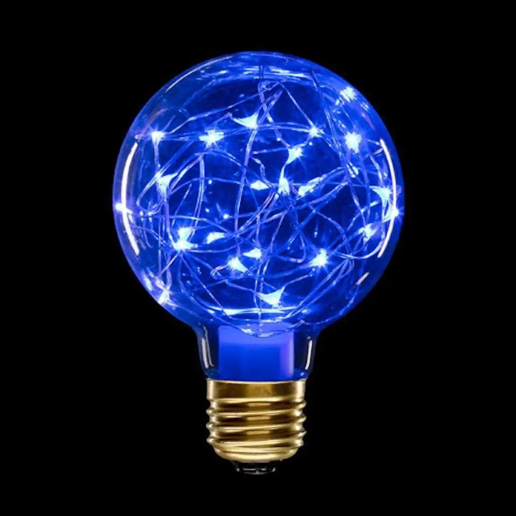 Glass Moon Bulb Blue LED globe 1W with tangled string lights and brass screw base on Tampa Home & Garden Store