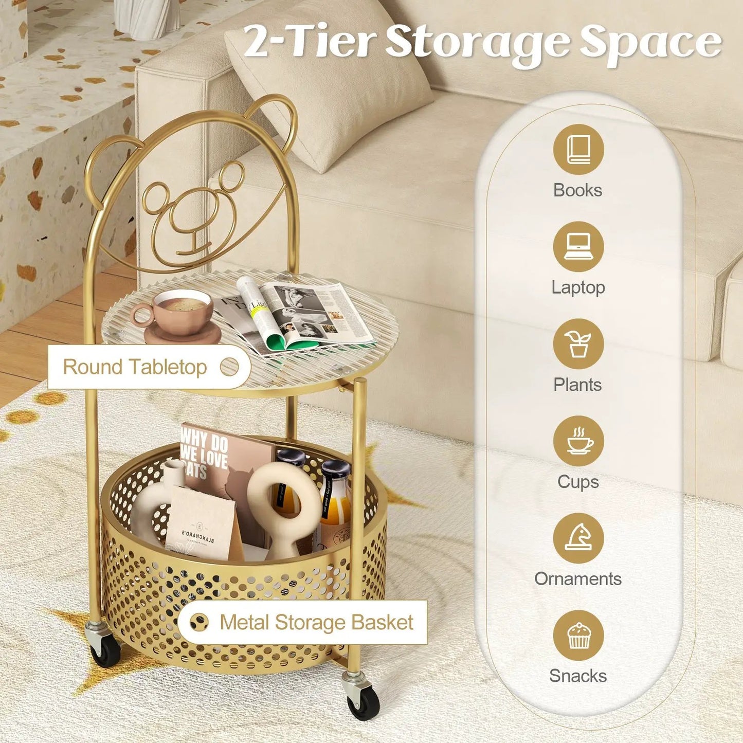 Modern gold sofa side table with lockable wheels, two-tier round top and metal storage basket on Tampa Home & Garden Store