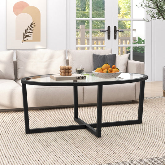 Glass Coffee Table Oval Living Room Table with Cross Base and Acacia Wood Legs-Black - Tampa Home & Garden Store