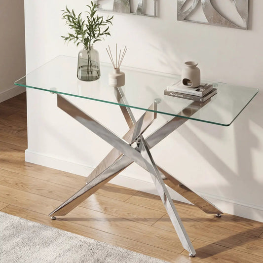 Glass console table by DirectDeals with clear tempered glass top and chrome X-frame base on Tampa Home & Garden Store