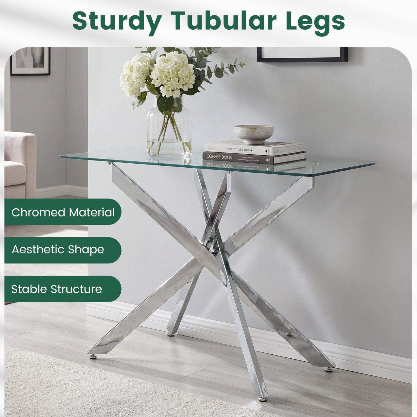 Glass console table with chromed cross-frame legs and clear top white hydrangea vase on Tampa Home & Garden Store