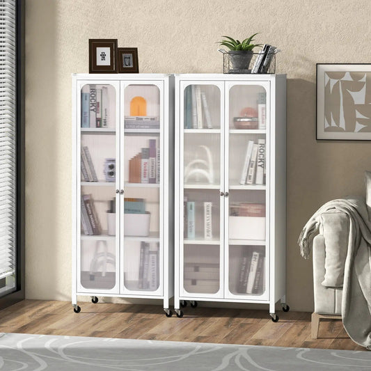 DirectDeals white glass-door cabinets on wheels with adjustable shelves; pair shown on Tampa Home & Garden Store