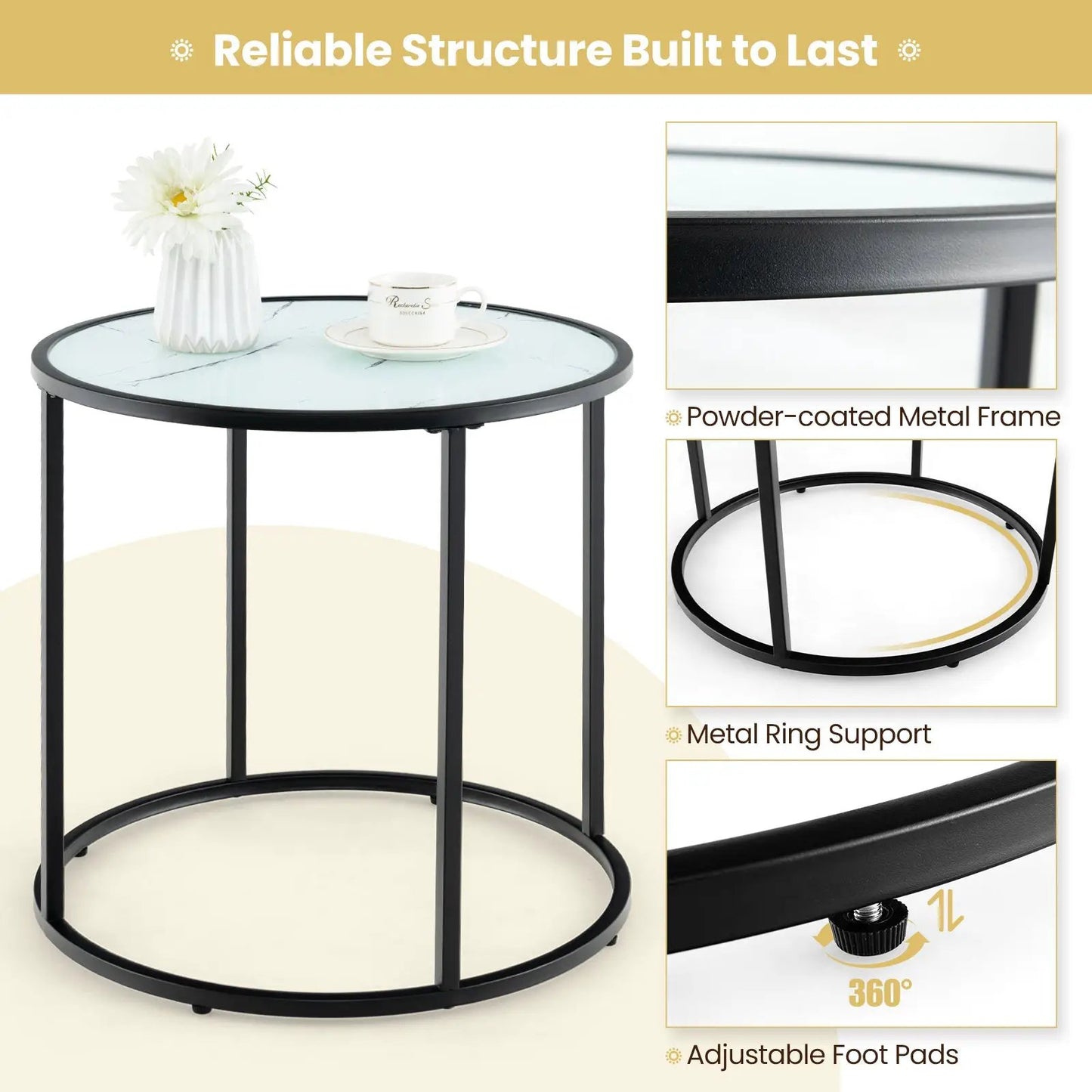 20 Inch Glass End Table with Metal Frame and Faux Marble Glass Top-Black and White - Tampa Home & Garden Store