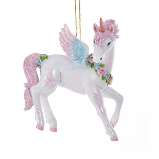 Glittered unicorn ornament with pink mane, blue wings and floral garland on gold string on Tampa Home & Garden Store