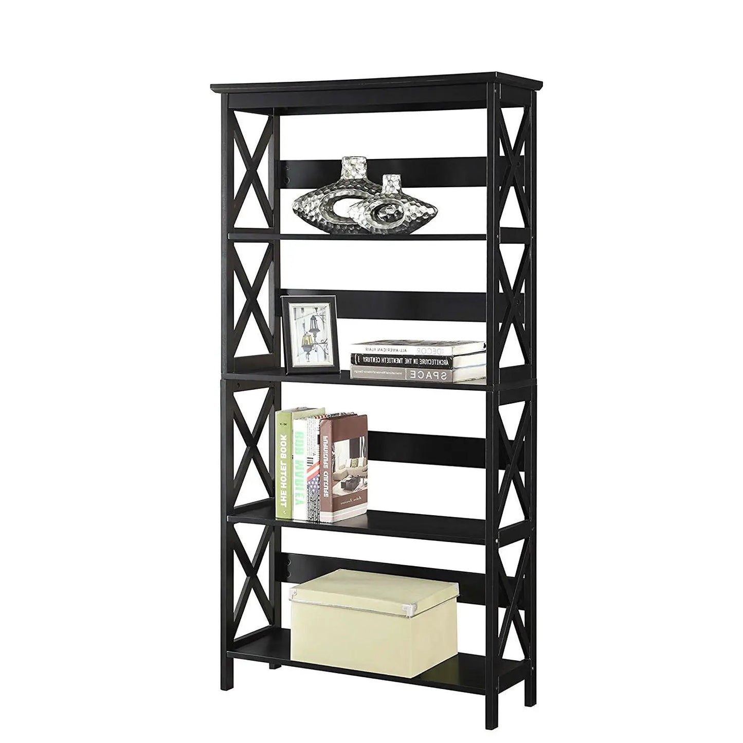 Glossy Black 5-Shelf Bookcase with X-brace metal frame HomePacific on Tampa Home & Garden Store