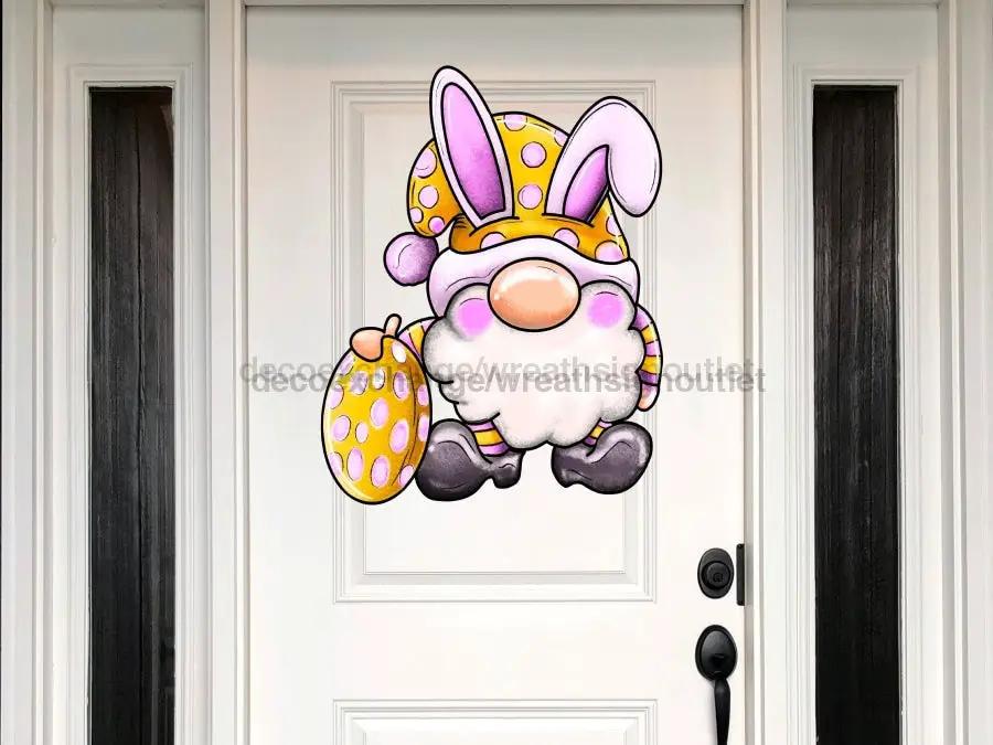 Gnome Door Hanger 22in with yellow polka-dot hat and white beard, DecoExchange sign on Tampa Home & Garden Store