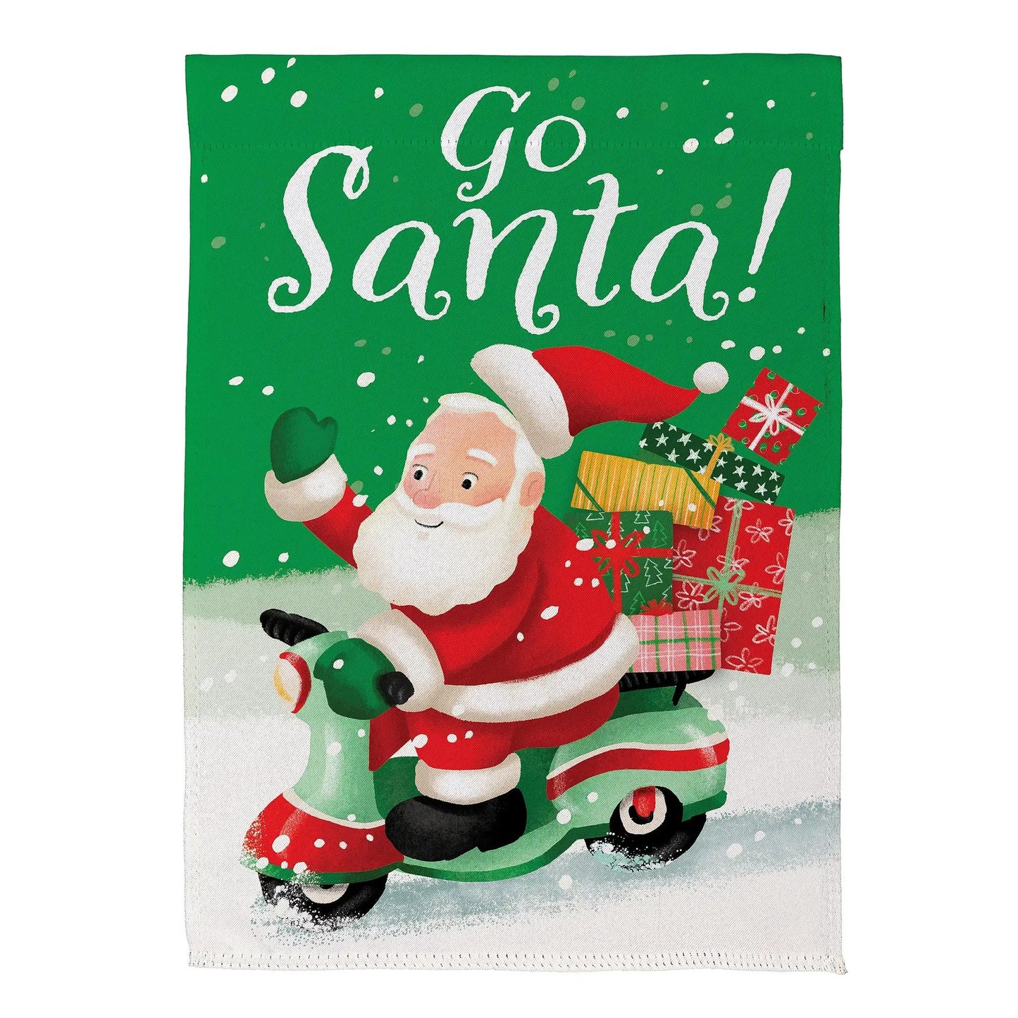 Santa Riding a Moped Suede Garden Flag green background with presents and Go Santa text on Tampa Home & Garden Store