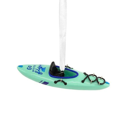 Go With the Flow kayak ornament in turquoise with blue accents hanging from a white ribbon on Tampa Home & Garden Store