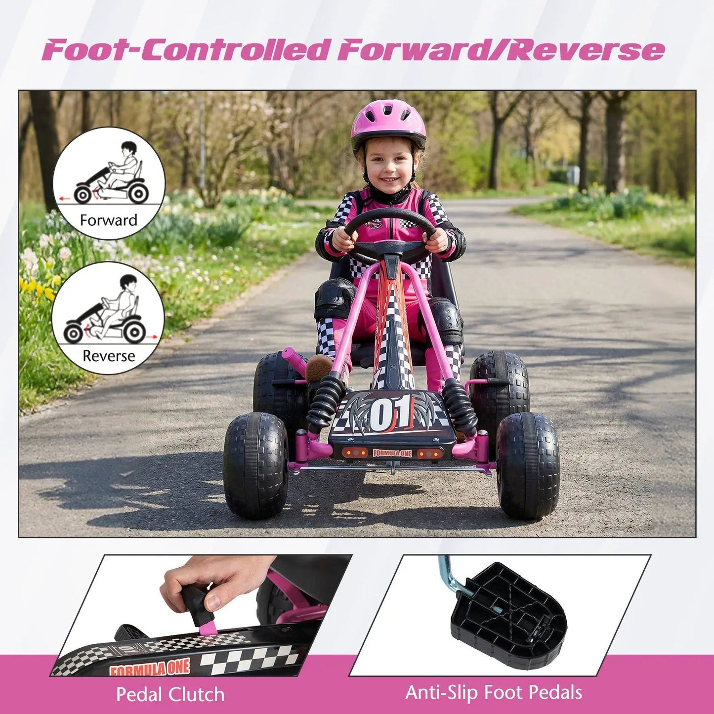 Go Kart for Kids with adjustable seat and 4 wheels, pink pedal drive on Tampa Home & Garden Store