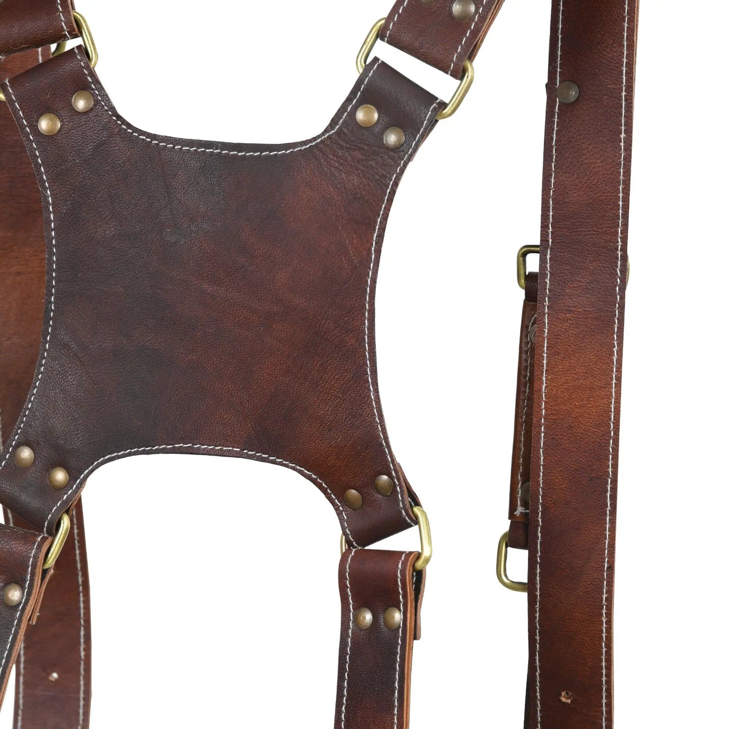 Goat leather dual camera harness for two cameras, brown with brass hardware on Tampa Home & Garden Store