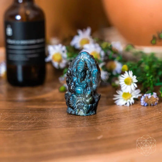 Crystal Ganesh statue in blue-green crystal, Conscious Items figurine for luck prosperity on Tampa Home & Garden Store