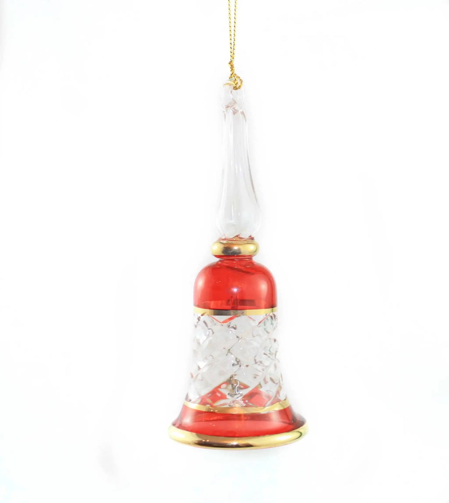 Ruby Glow gold cut etched bell glass ornament with red base and clear top hanging gold chain on Tampa Home & Garden Store