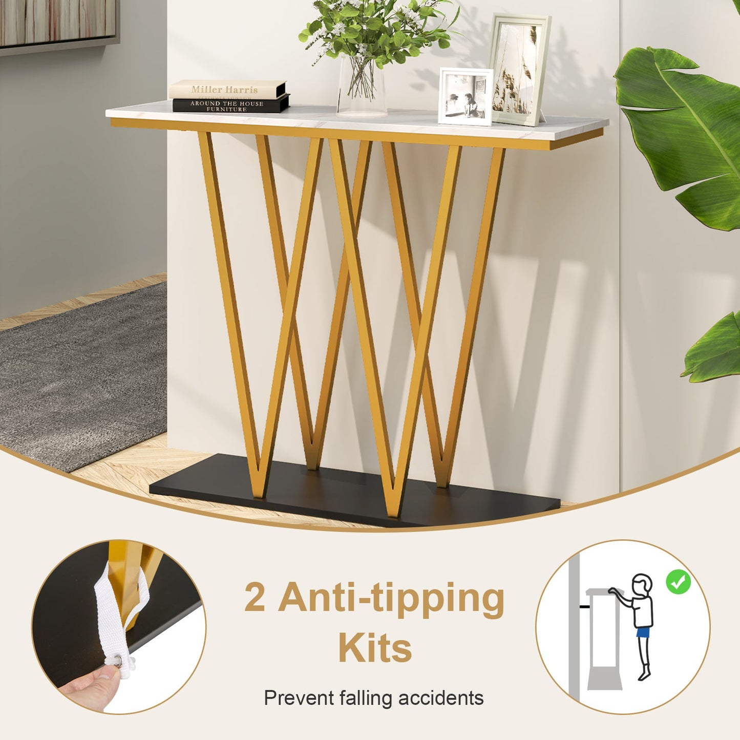 Gold 40-inch faux marble console table with geometric gold metal legs decorated with books and a vase on Tampa Home & Garden Store