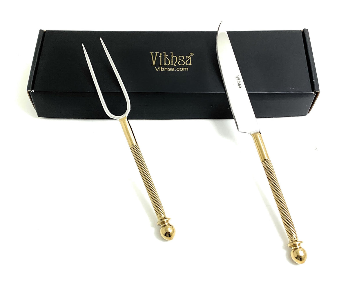 Vibhsa carving knife & fork set of 2, stainless blades with gold twisted handles on black box on Tampa Home & Garden Store