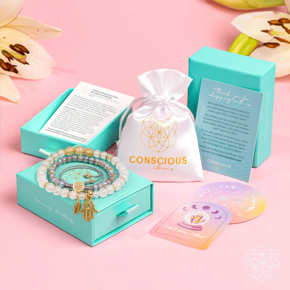 Conscious Items Golden Hand of Fortune bracelet set with gold-tone beads and charms on Tampa Home & Garden Store