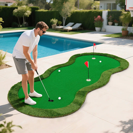 Golf Practice Putting Green Mat with 3 Holes, bright green turf, DirectDeals, for home backyard on Tampa Home & Garden Store