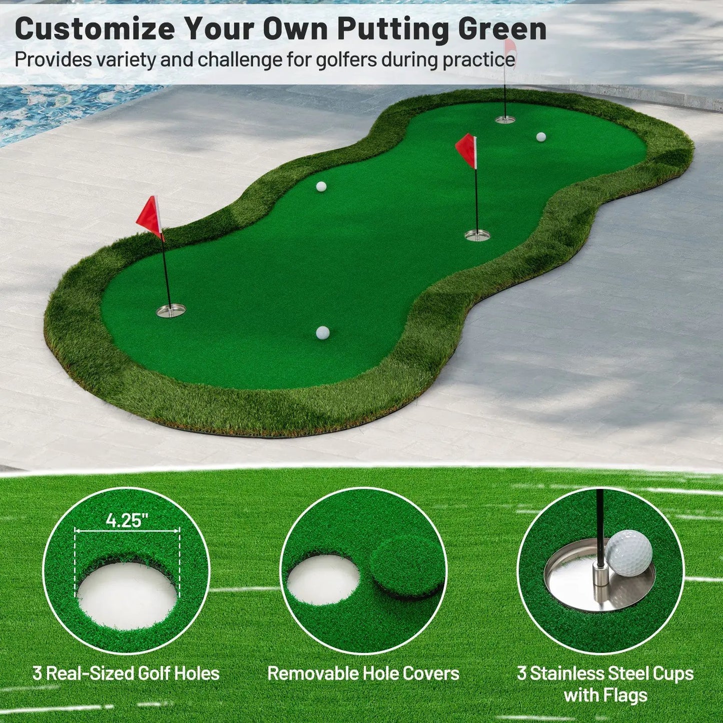 Golf Putting Green Mat with 3 holes, green turf, red flags, stainless steel cups DirectDeals on Tampa Home & Garden Store
