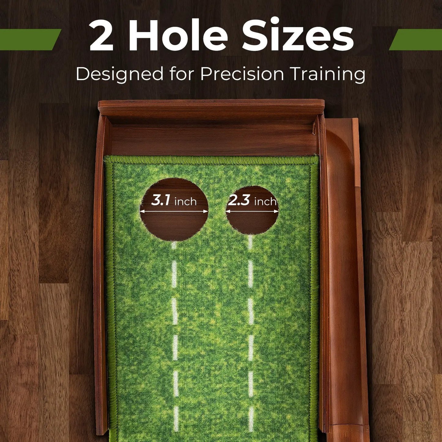 Golf Putting Mat with Auto Ball Return, two holes 3.1in & 2.3in, green turf, wooden frame on Tampa Home & Garden Store