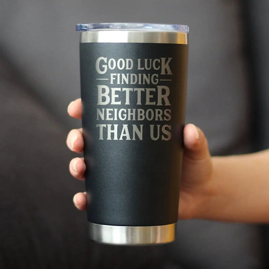 bevvee Insulated Tumbler in black with stainless accents and lid shows Better Neighbors Than Us on Tampa Home & Garden Store