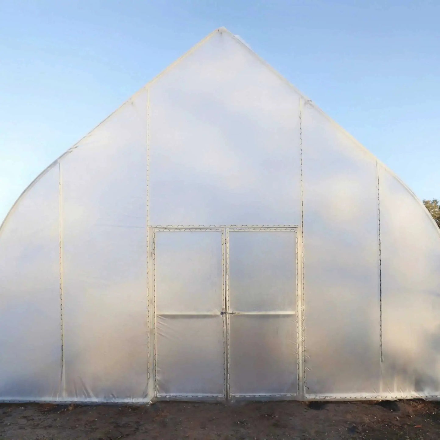 Gothic Style Greenhouse Kit High Tunnel with white poly cover and entry doors on Tampa Home & Garden Store