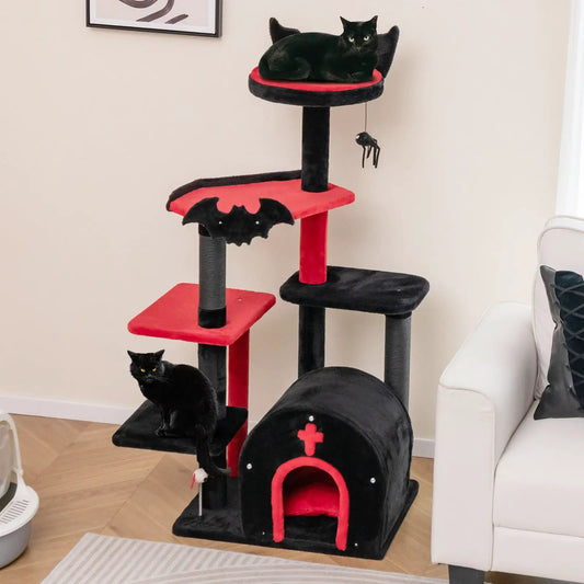 Gothic Cat Tree 53-Inch Tall black and red cat tower with bed and arch condo, 2 cats on Tampa Home & Garden Store