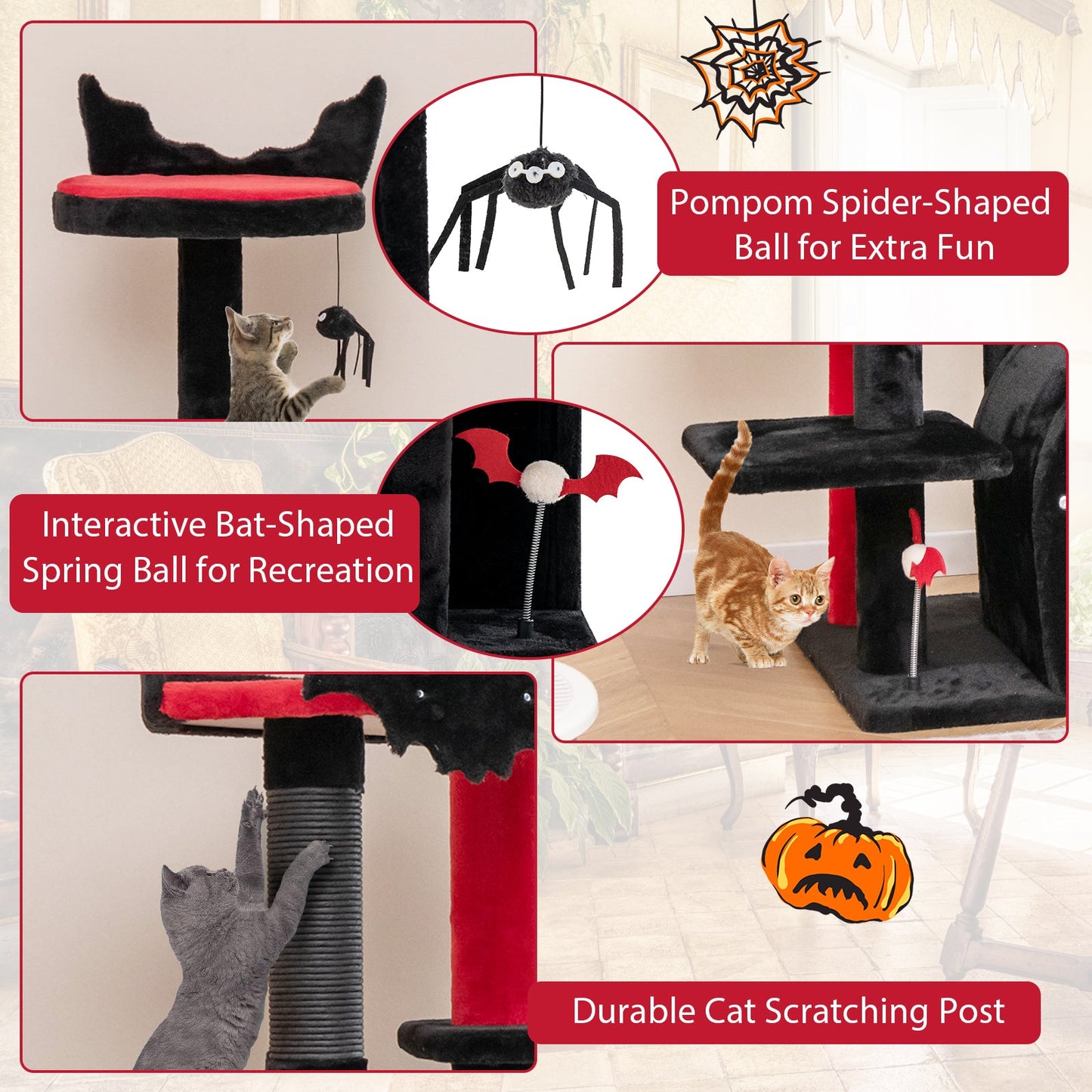 Gothic Cat Tree 53 Inch Tall with Bed and Condo, black posts, red bed on Tampa Home & Garden Store