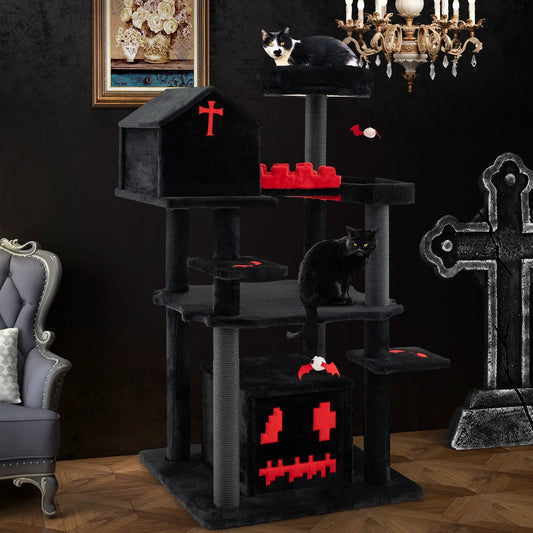 Gothic Cat Tree 49-Inch Tower with Coffin Bed, black plush, 6-tier DirectDeals on Tampa Home & Garden Store