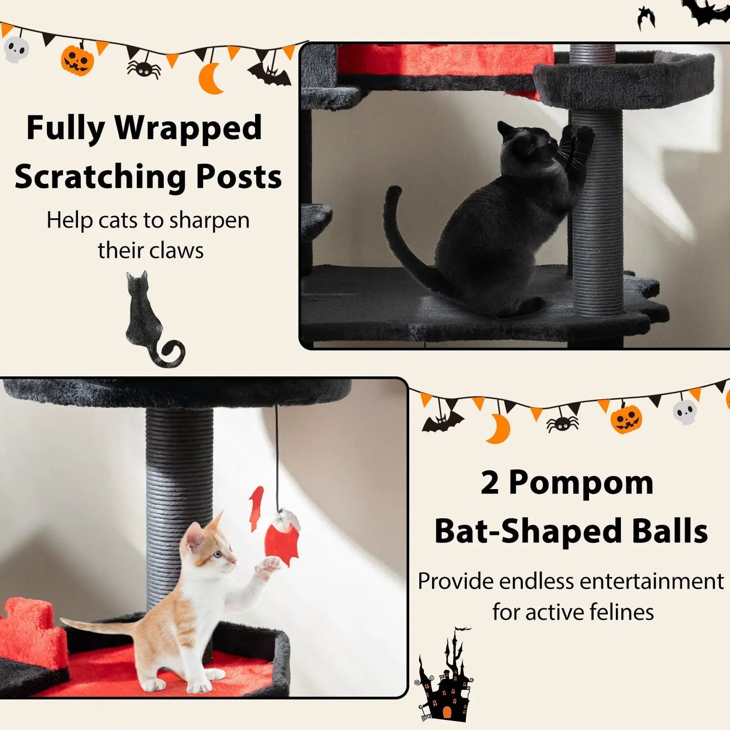 Gothic Cat Tree 49 Inch Tower with Coffin Bed, black, DirectDeals, 6-tier posts on Tampa Home & Garden Store