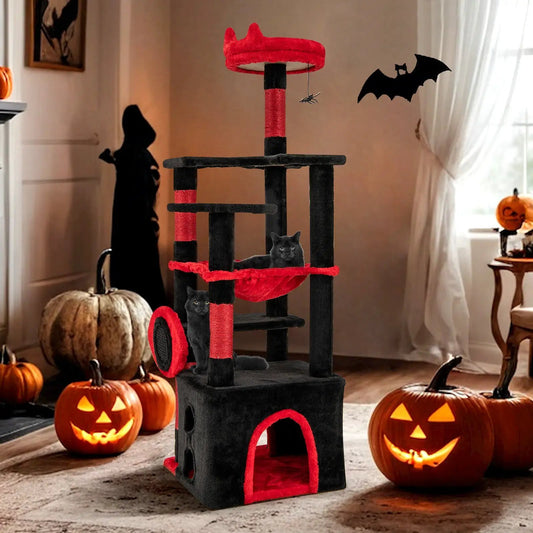 Gothic Cat Tree by DirectDeals, black and red with plush perch and dangling spider toy, two cats on Tampa Home & Garden Store