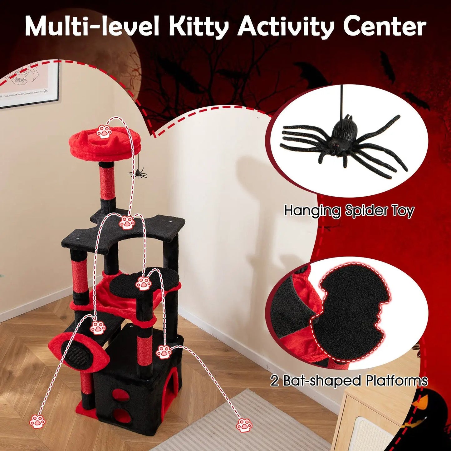 Gothic Cat Tree with Plush Perch and Spider Toy, black & red, DirectDeals, 2 bat-shaped platforms on Tampa Home & Garden Store