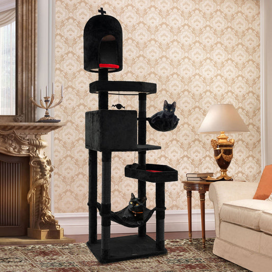 Gothic Cat Tree with 2 Cat Condos and Coffin Bed for Indoor Cats-Black - Tampa Home & Garden Store