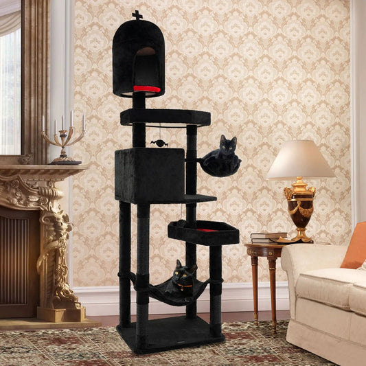 Gothic Cat Tree with 2 condos and coffin bed black plush tall cat tower DirectDeals on Tampa Home & Garden Store