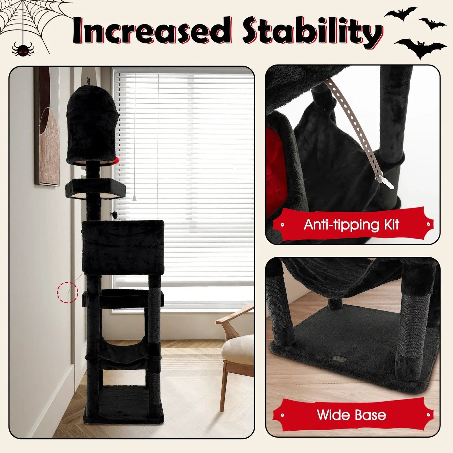 Gothic Cat Tree with 2 condos and coffin bed in black plush fabric by DirectDeals on Tampa Home & Garden Store
