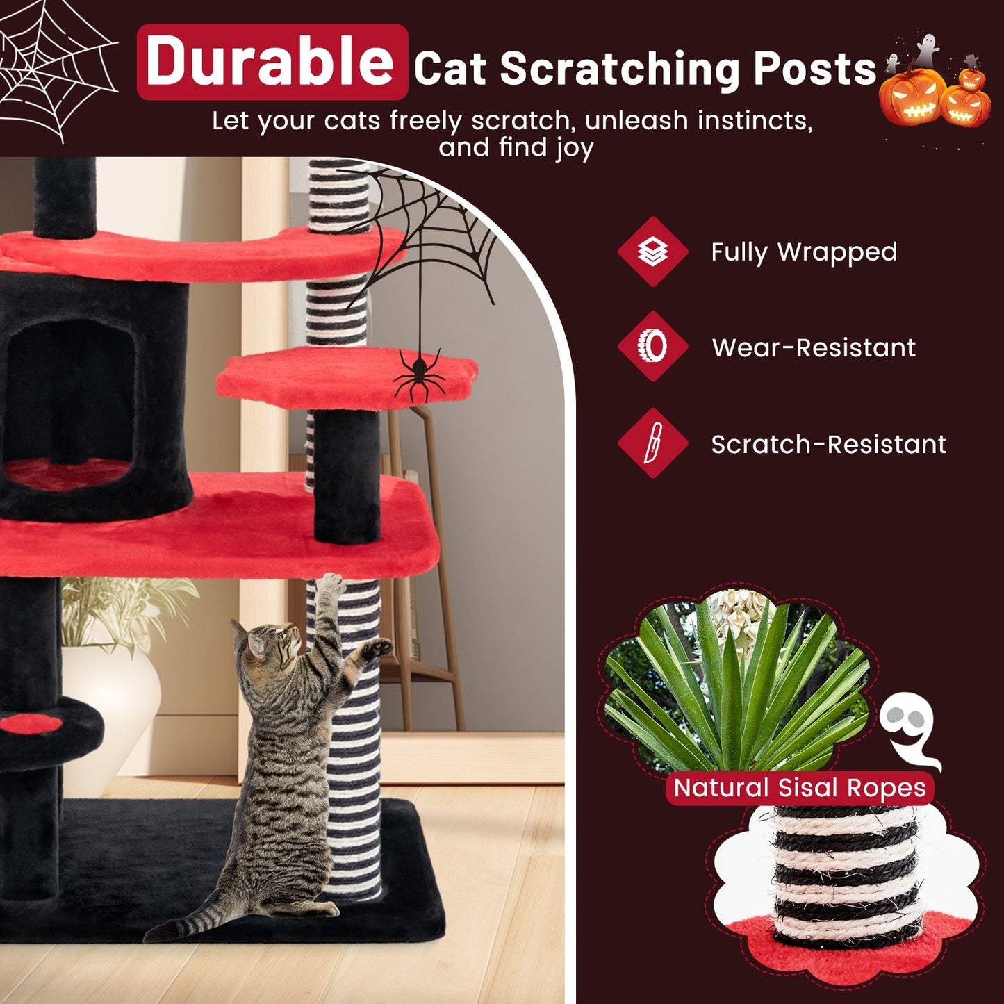 Gothic Cat Tree with Bed and Scratching Post, black and red plush, sisal rope posts DirectDeals on Tampa Home & Garden Store