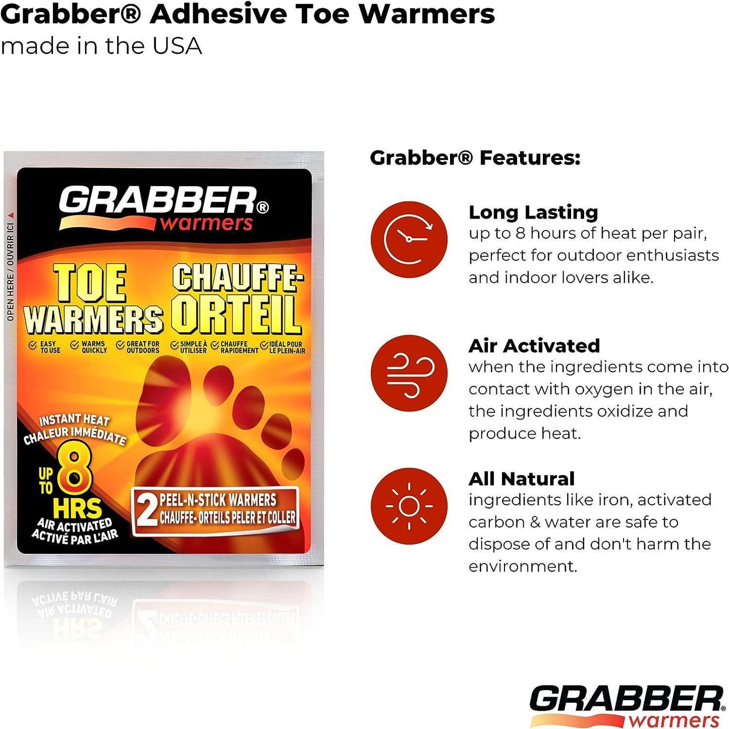 Grabber Toe Warmers - Long Lasting Safe Natural Odorless Air Activated Warmers - Up to 8 Hours of Heat - 40 Pair Box - Tampa Home & Garden Store