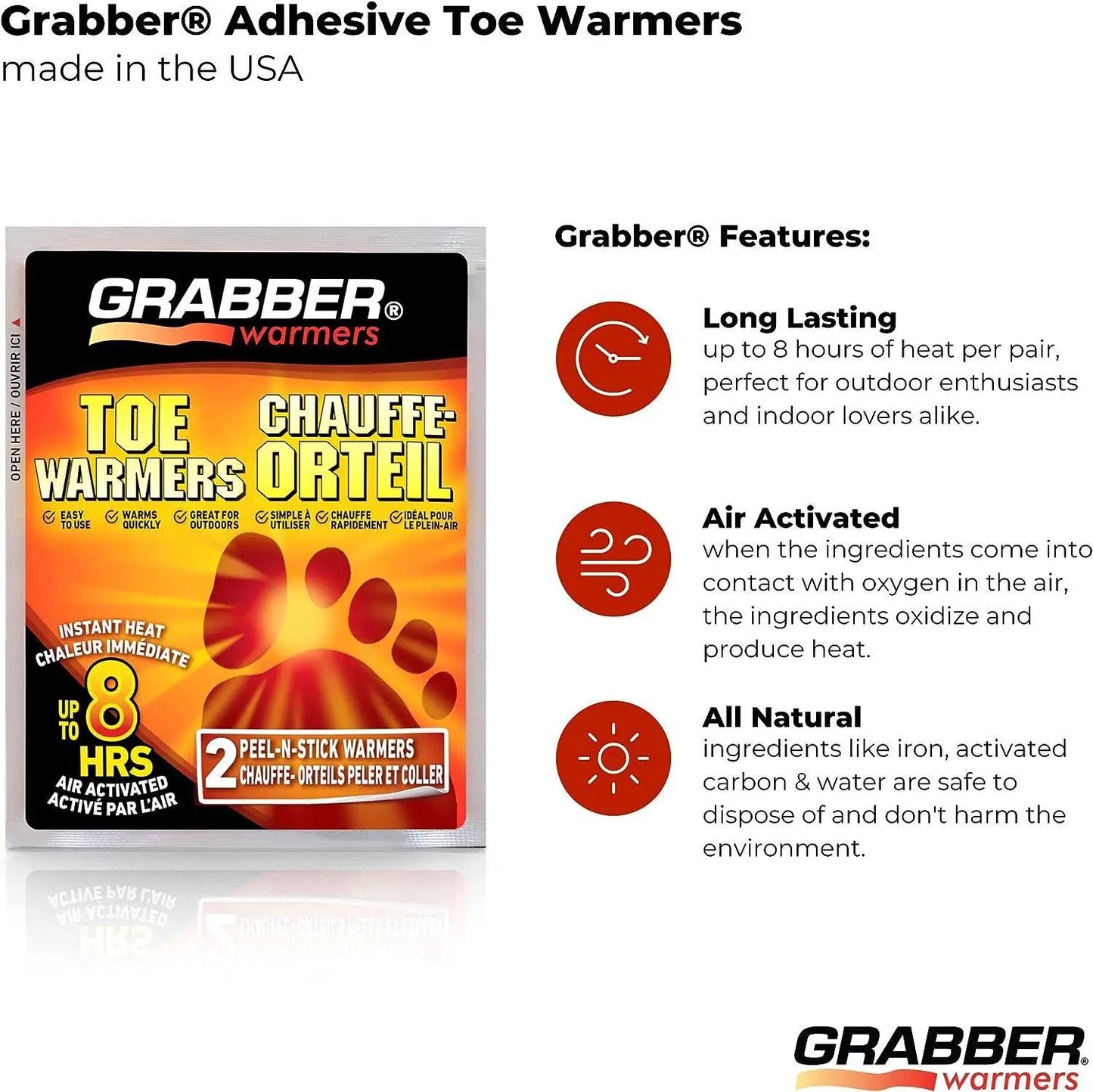 Grabber Toe Warmers with black Grabber logo on orange heat graphic, air activated up to 8 hours on Tampa Home & Garden Store