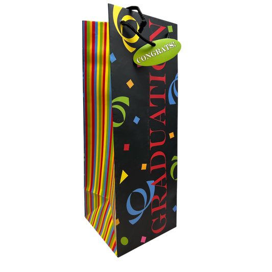 Graduation confetti gift bag with black panel, bold GRADUATION lettering and rainbow striped sides on Tampa Home & Garden Store