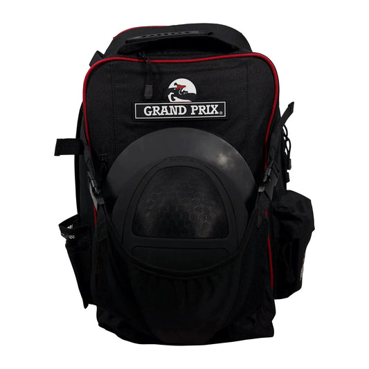 Grand Prix Helmet Backpack in black fabric with red piping and front Grand Prix logo patch on Tampa Home & Garden Store