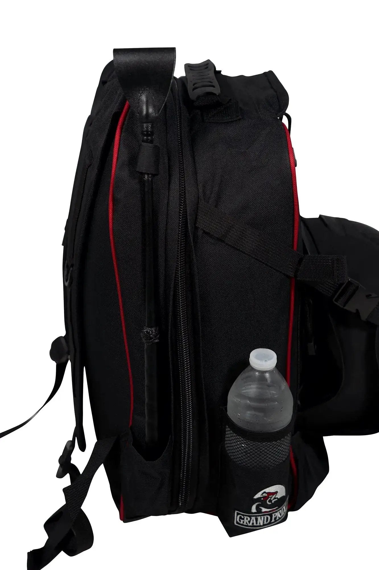 Grand Prix Helmet Backpack, black with red piping, water bottle pocket and logo patch on Tampa Home & Garden Store