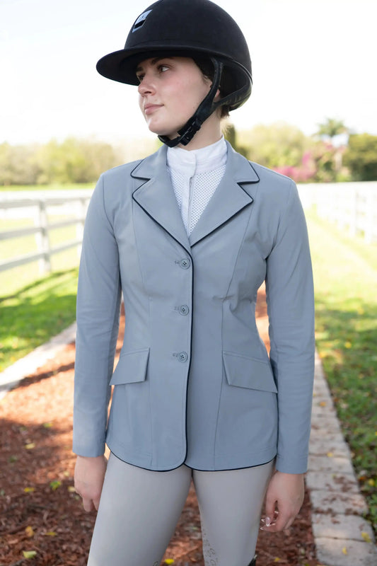 Grand Prix Ladies 3 Button Show Coat Cadet Blue with Navy Piping Huntley Equestrian on Tampa Home & Garden Store