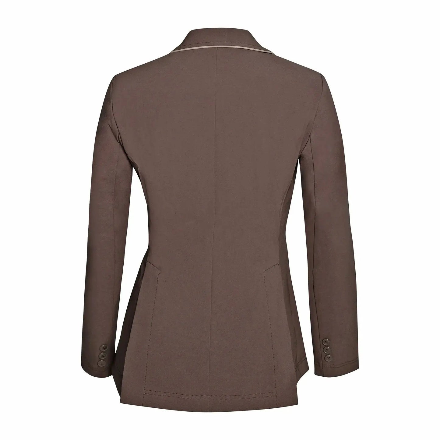 Grand Prix Ladies EQJ 3-Button Show Coat chocolate brown with tan piping by Huntley Equestrian on Tampa Home & Garden Store