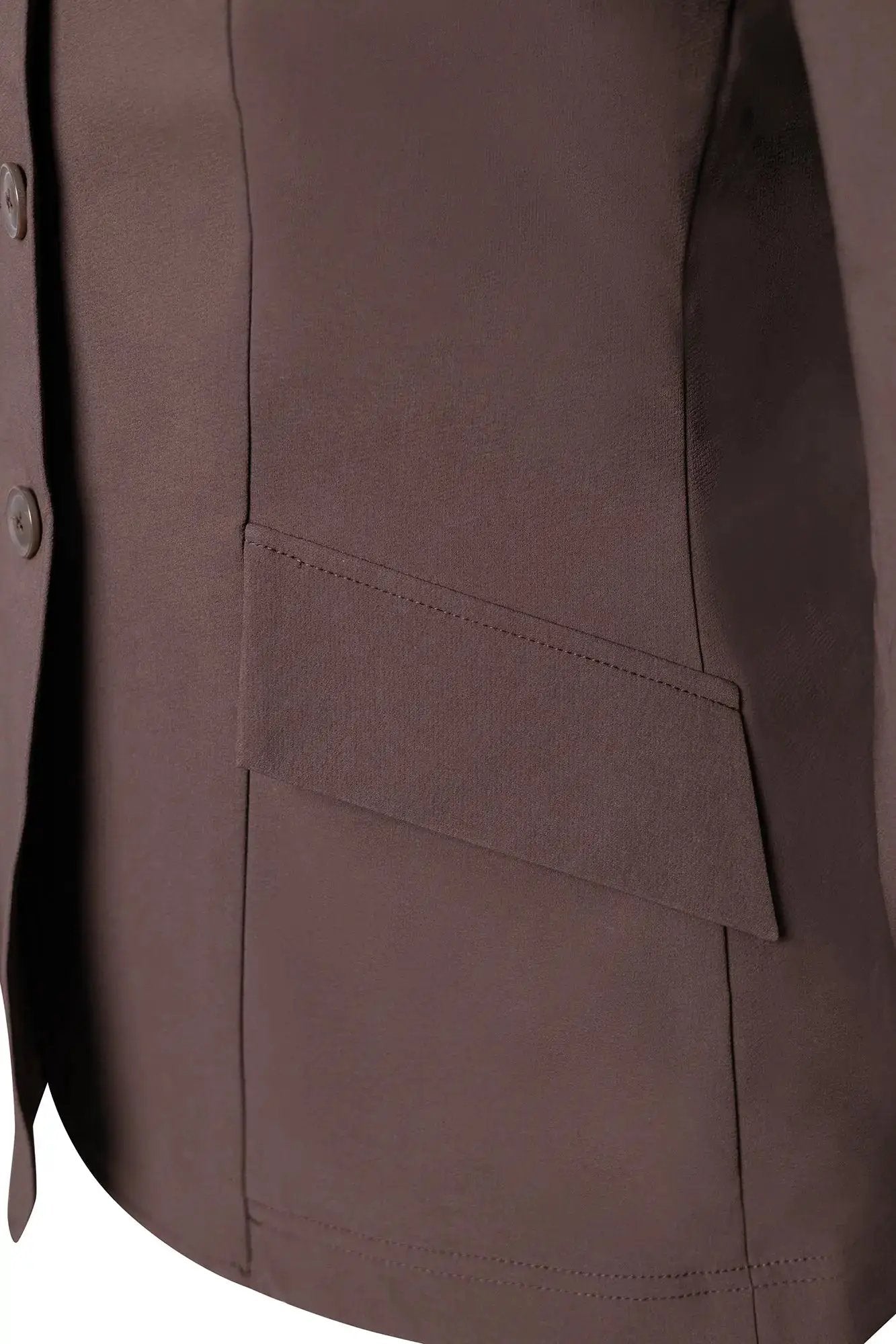 Grand Prix Ladies EQJ 3-Button Show Coat in chocolate NY Tech fabric with pocket flap on Tampa Home & Garden Store