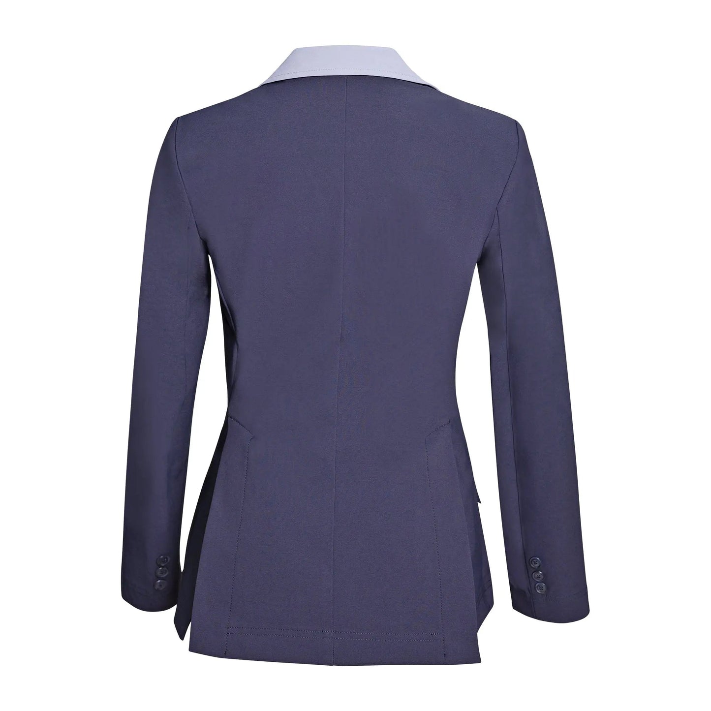 Abrigo de espectáculo Grand Prix Ladies EQJ de 3 botones, azul marino con cuello azul cadete